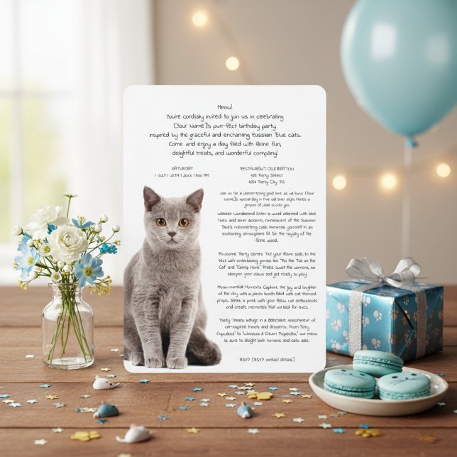 Russie Bleu Chat Anniversaire Bash Invitation (Russian Blue Cat Birthday Bash Invitation)