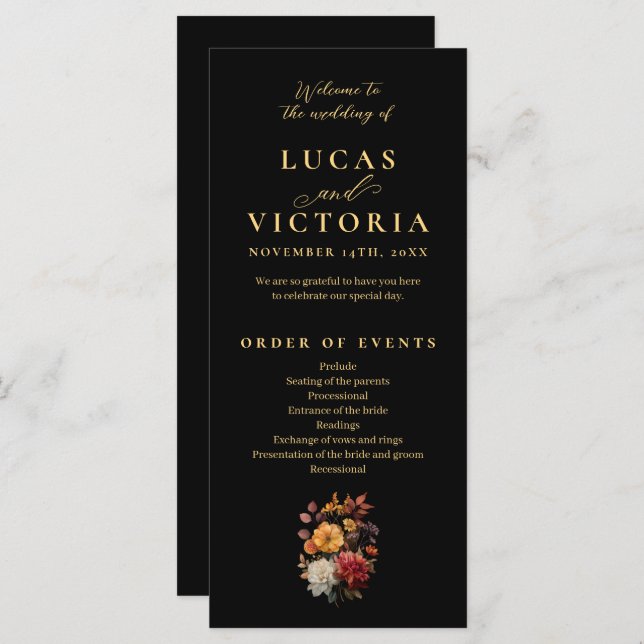 Rust & Bloom Moody Automne Floral Wedding Programm (Devant / Derrière)