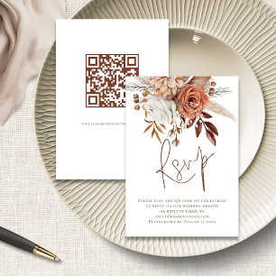 Rust Floral Brown Script QR Code Mariage carte RSV