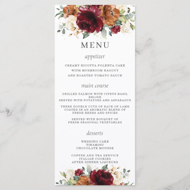 Rust Ivory Bourgogne Floral Menu Mariage (Devant)