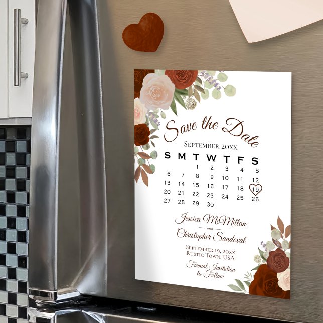 Rust Orange Floral Enregistrer la date Calendrier  (Créateur téléchargé)