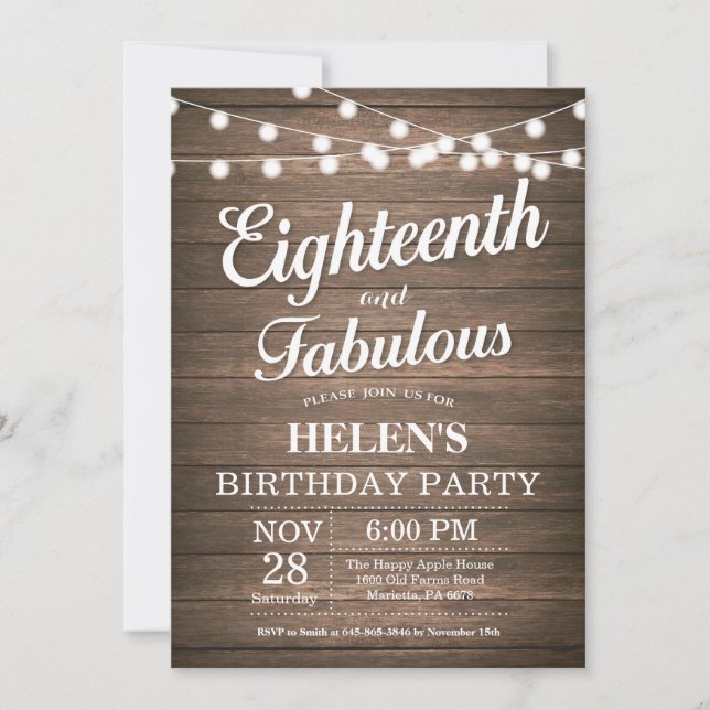 Rustic 18th Birthday Invitation Wood Fabulous (Devant)