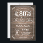 Rustic 80th Birthday Invitation Floral<br><div class="desc">Rustic 80th Birthday Invitation with Rustic Wood Background and Floral Flower Pattern. Adult Birthday. Male Men or Women Birthday. Kids Boy or Girl Lady Teen Teenage Bday Invite. 13th 15th 16th 18th 20th 21st 30th 40th 50th 60th 70th 80th 90th 100th Any Age. For further customization, please click the "Customize...</div>
