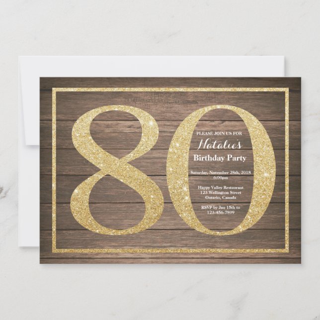 Rustic 80th Birthday Invitation Gold Glitter (Devant)