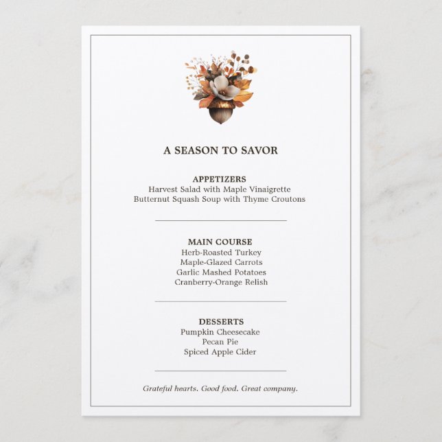 Rustic Acorn Floral White Thanksgiving Dinner Menu (Devant)