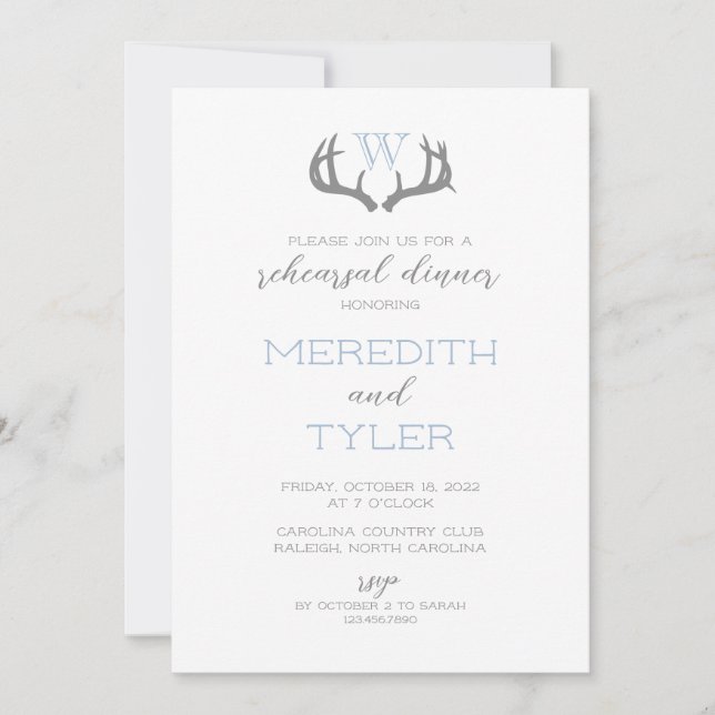 Rustic Antler Monogram Rehearsdîner Invitation (Devant)