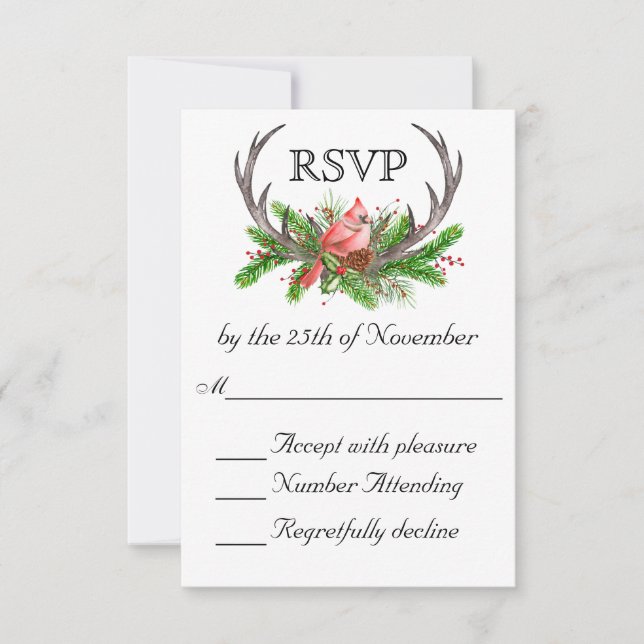 Rustic Antlers Boho Woodland Mariage d'hiver RSVP (Devant)