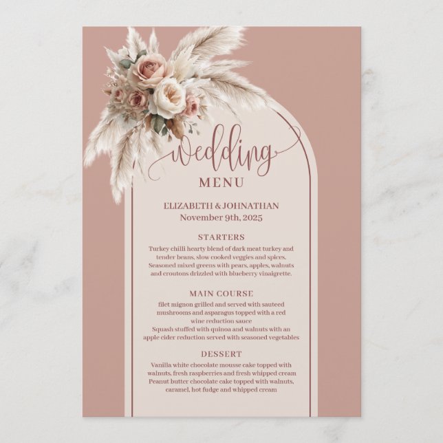 Rustic Arch Pastel Pink Pampas Floral Wedding Menu (Devant)