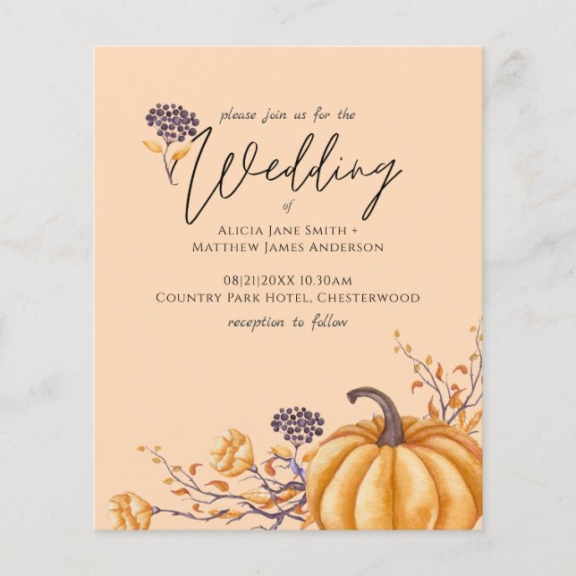 Rustic Automne Coral Citrouille Budget Mariage Inv (Devant)
