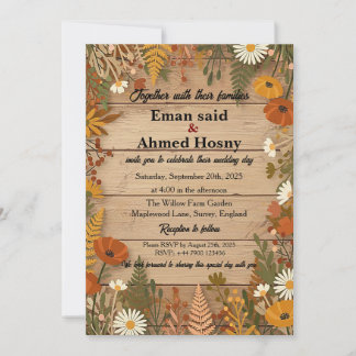 Rustic Autumn Floral Wood Wedding Invitation | Fal