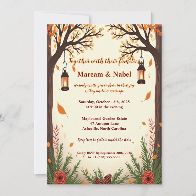 Rustic Autumn Forest Lanterns Wedding Invitation | (Devant)