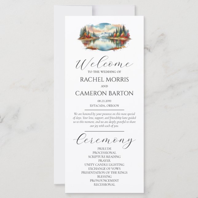 Rustic Autumn Lakeside Forest Wedding Programme (Devant)