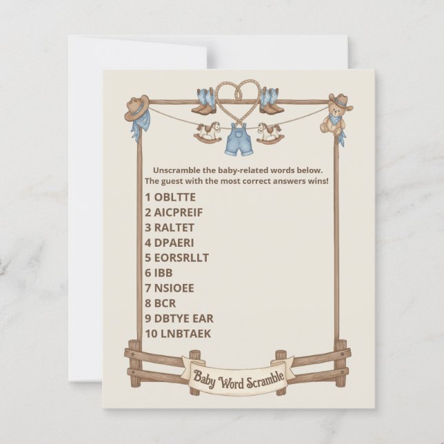 Rustic Baby Word Scramble Game Card (Devant)