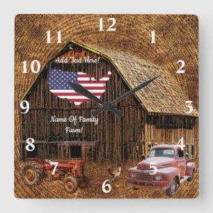 Rustic Barn Drapeau américain Carré Horloge murale