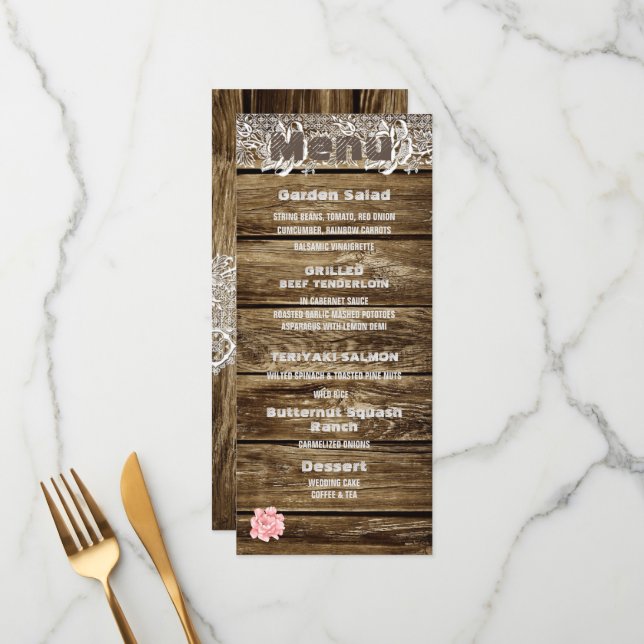 Rustic Barn Wood & Lace Menu Mariage (Devant/Arrière en situation)