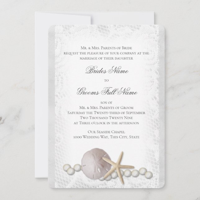 Rustic Beach Lace et Pearl Invitation (Devant)