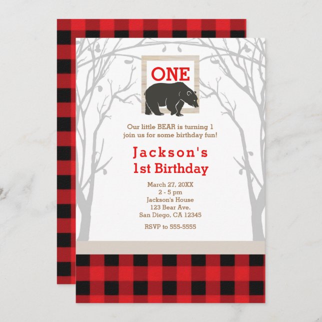 Rustic Bear Plaid 1er Anniversaire Invitations (Devant / Derrière)