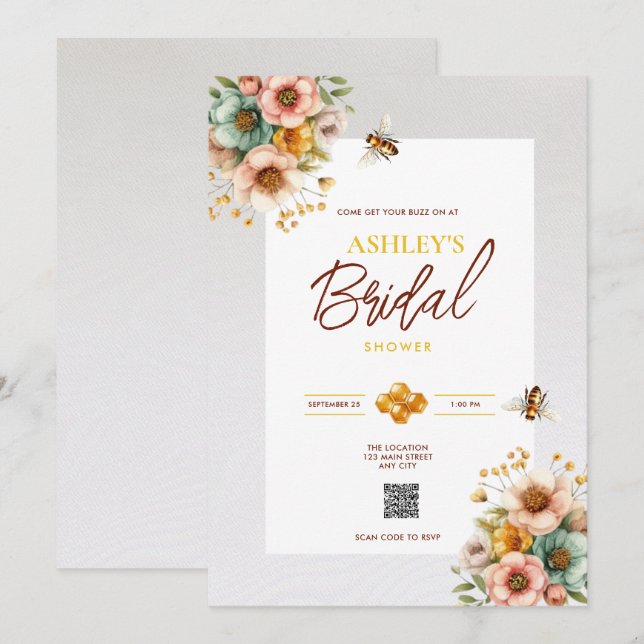 Rustic Bee Thème QR Code Bridal Shower Invitation (Devant / Derrière)