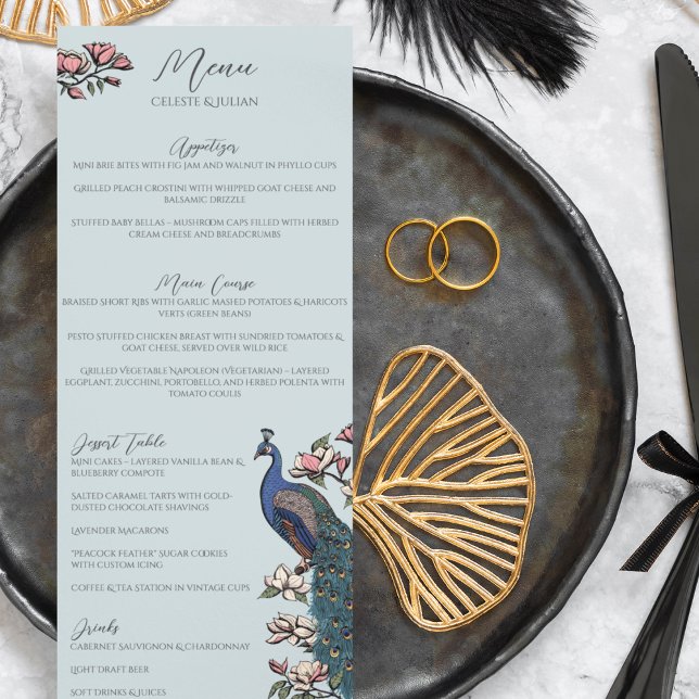 Rustic Blue Floral Peacock Bird Menu Mariage (Rustic Elegant Blue Peacock Chinoiserie Wedding Menu for Wedding, Bridal Shower, Rehearsal Dinner.)