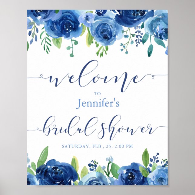 Rustic Blue Flowers Bridal Shower Welcome Poster (Devant)