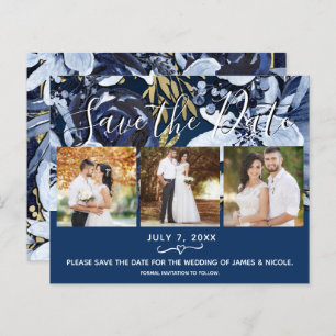Rustic Blue & Gold Floral Photo Enregistrer la dat