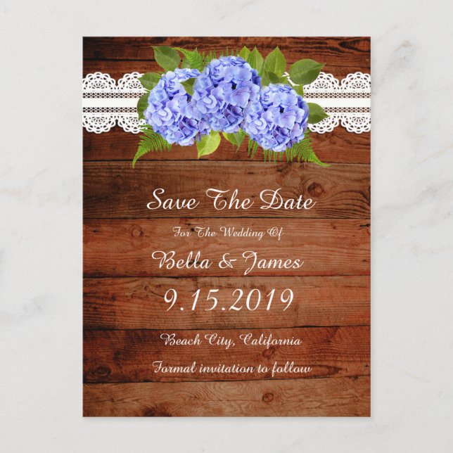 Rustic Blue Hydrangea Enregistrer la date Carte po (Devant)