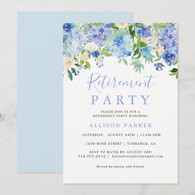 Rustic Blue Hydrangea Retirement Party Invitation (Devant / Derrière)