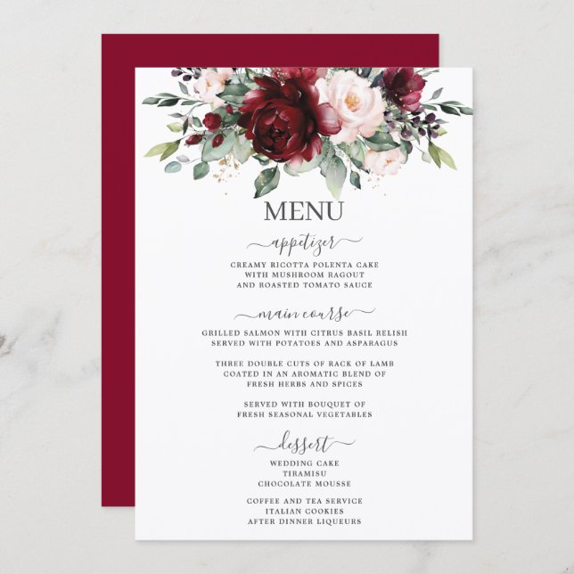 Rustic Blush Pink Burgundy Floral Wedding 5x7 Menu (Devant / Derrière)