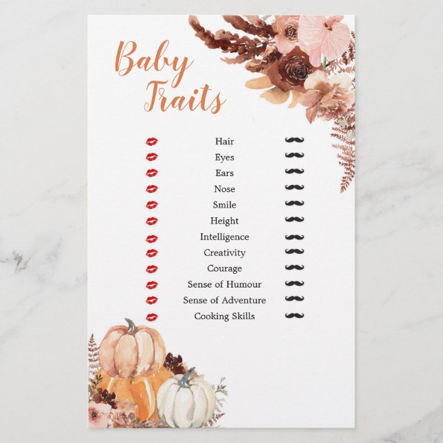 Rustic Boho Citrouille Baby shower Baby Traits Jeu (Devant)