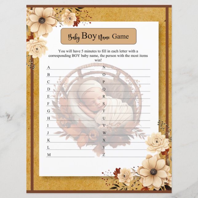 Rustic Boho Floral Baby shower Baby Nom du garçon  (Devant)
