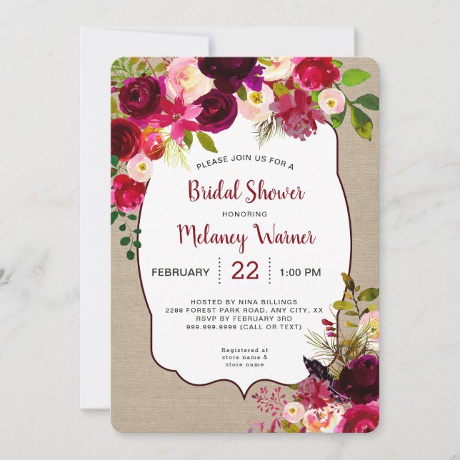 Rustic Boho Red Floral Fête des mariées invitation (Devant)