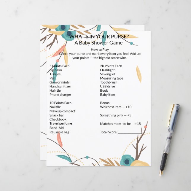 Rustic Boho What's In Your Purse Baby Shower Game (Devant/Arrière en situation)