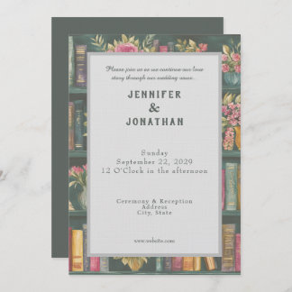 Rustic Book Lovers Print Floral Wedding Invitation