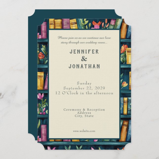 Rustic Book Lovers Print Wedding Invitation (Devant / Derrière)