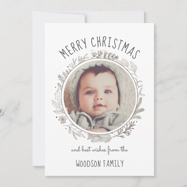 Rustic Botanical Circle Photo Merry Christmas Card (Devant)