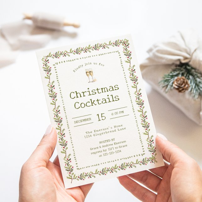 Rustic Botanical Green Christmas Party Invitation (Rustic Botanical Green Holiday Christmas Party Cocktails Invitation by Painted Paperie
)