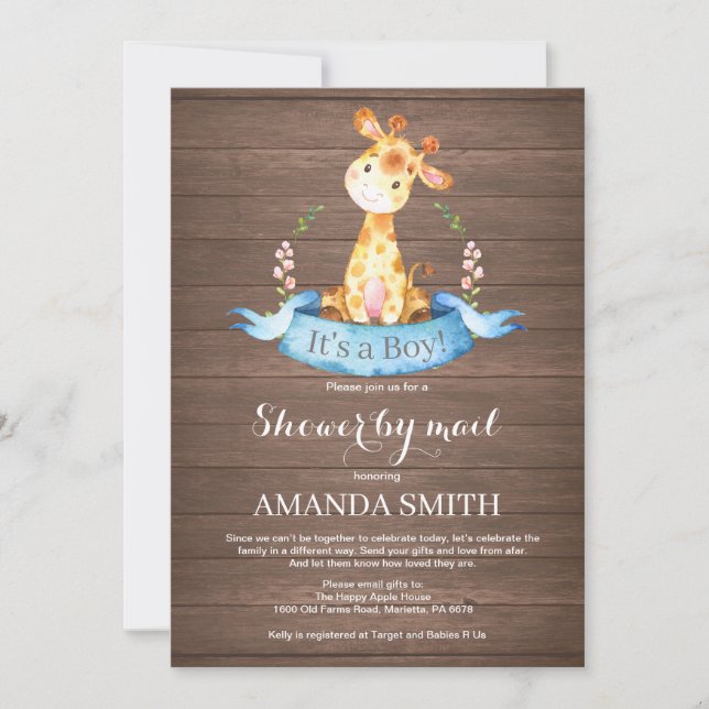 Rustic Boy Giraffe Baby shower par Mail Invitation (Devant)