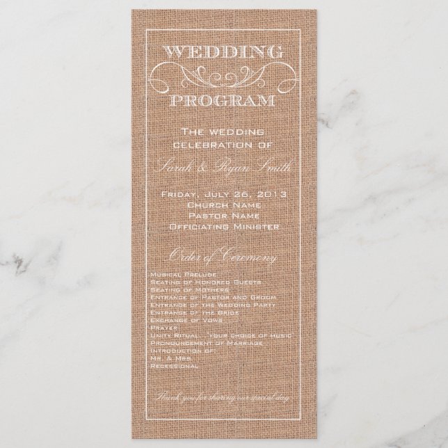 Rustic Burlap Imprimer le programme de mariage (Devant)