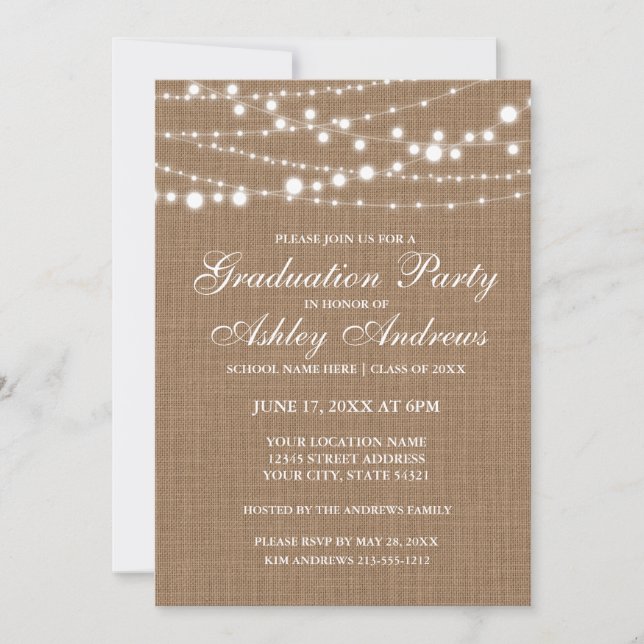 Rustic Burlap Lights Graduation Party Invitation (Devant)