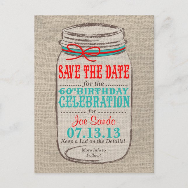 Rustic Burlap & Mason Jar 60 Invitation d'annivers (Devant)