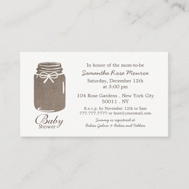 Rustic Burlap, Mason Jar Baby shower Invitation de (Devant)
