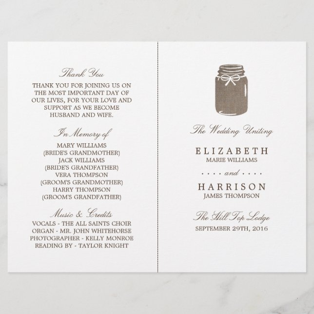 Rustic Burlap Mason Jar Wedding Wedding Programme (Devant)