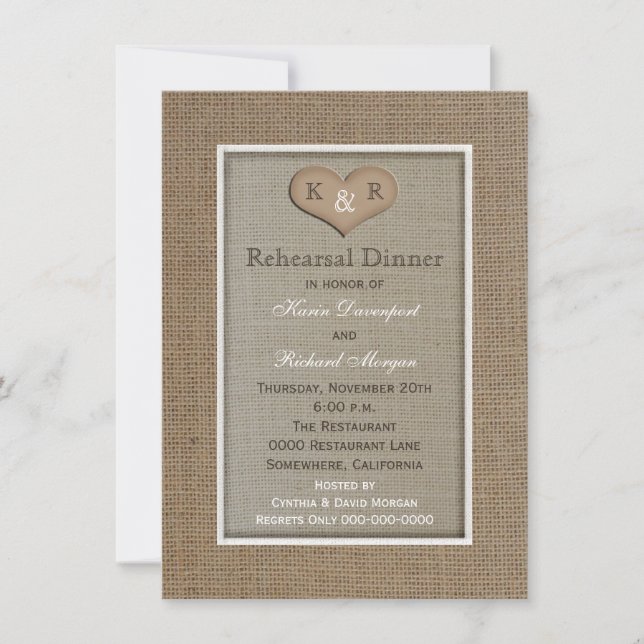Rustic Burlap Rehearer Dîner Invitation (Devant)