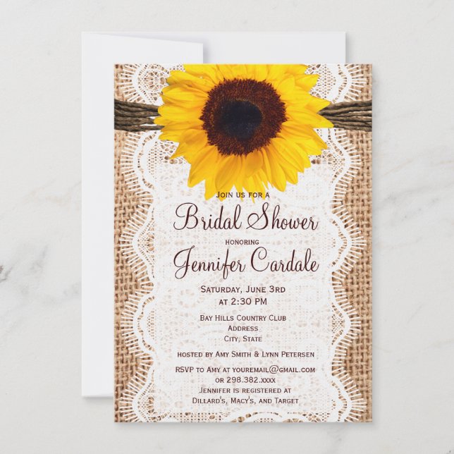 Rustic Burlap Sunflower Invitations de douche nupt (Devant)