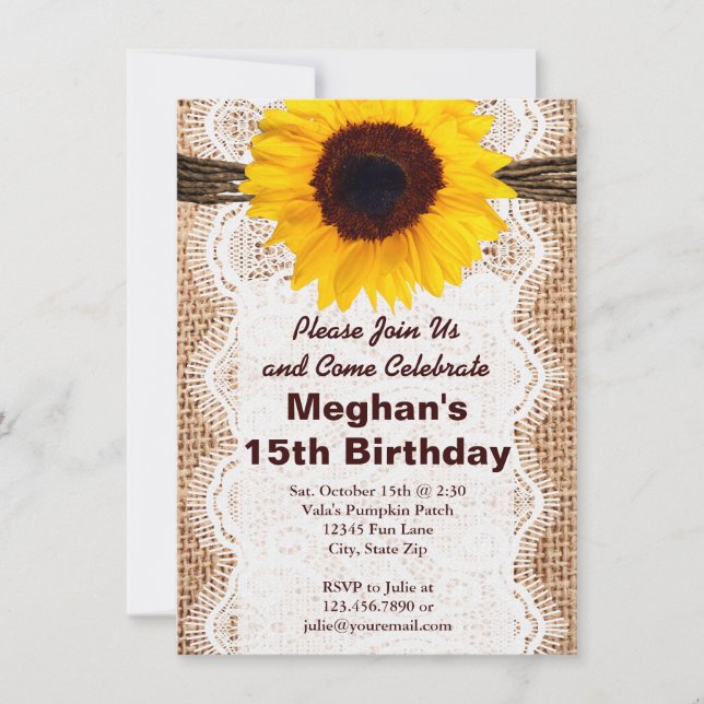 Rustic Burlap Sunflower Invitations de fête d'anni (Devant)