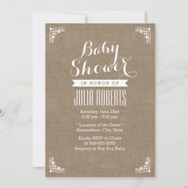Rustic Burlap Texture Baby Shower Invitations (Devant)
