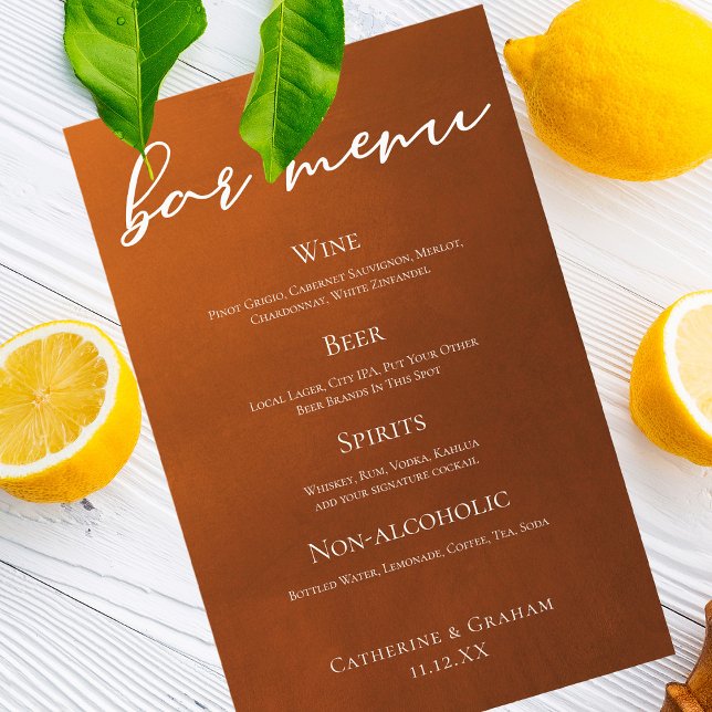 Rustic Burnt Orange Simple Autumn Mariage Bar Menu (Créateur téléchargé)