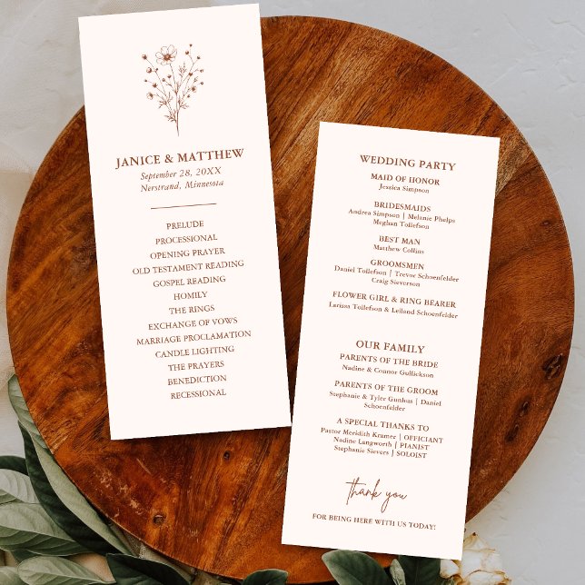 Rustic Burnt Orange Simple Boho Wedding Programme (Créateur téléchargé)