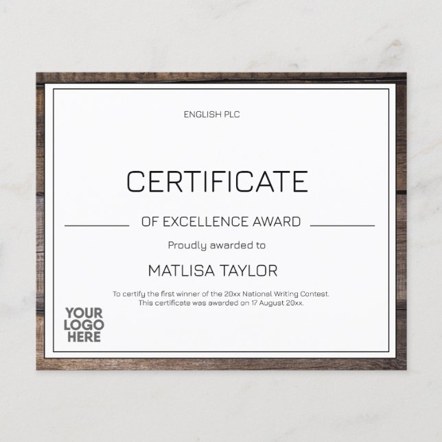 Rustic Certificate Excellence Award Ajouter un log (Devant)