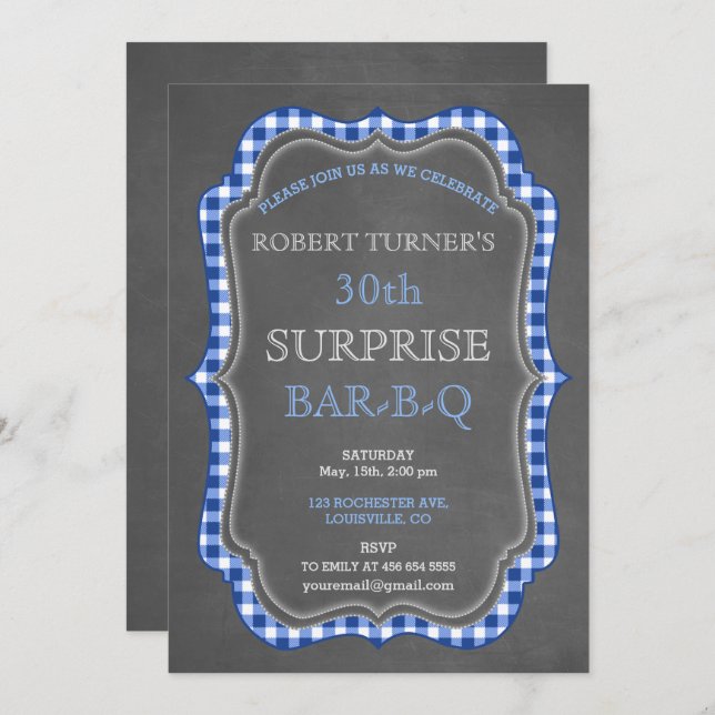 Rustic Chalk En vichy Surprise Invitation BBQ Anni (Devant / Derrière)